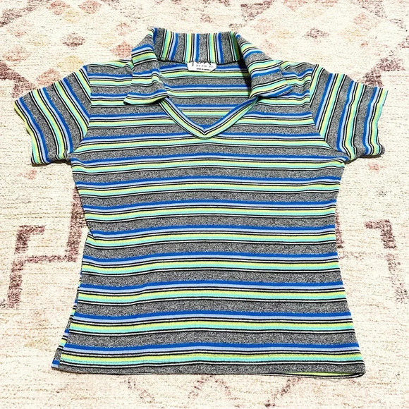 Vintage Y2K Blue gray and green striped collared polo shirt - Picture 3 of 10